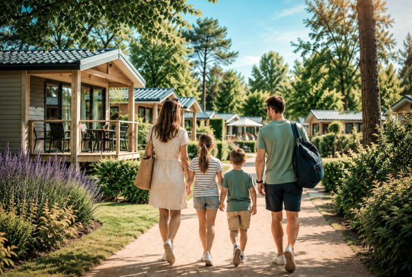 Gezin loopt over een vakantiepark op zoek naar staffless entertainment en recreatieve activiteiten.