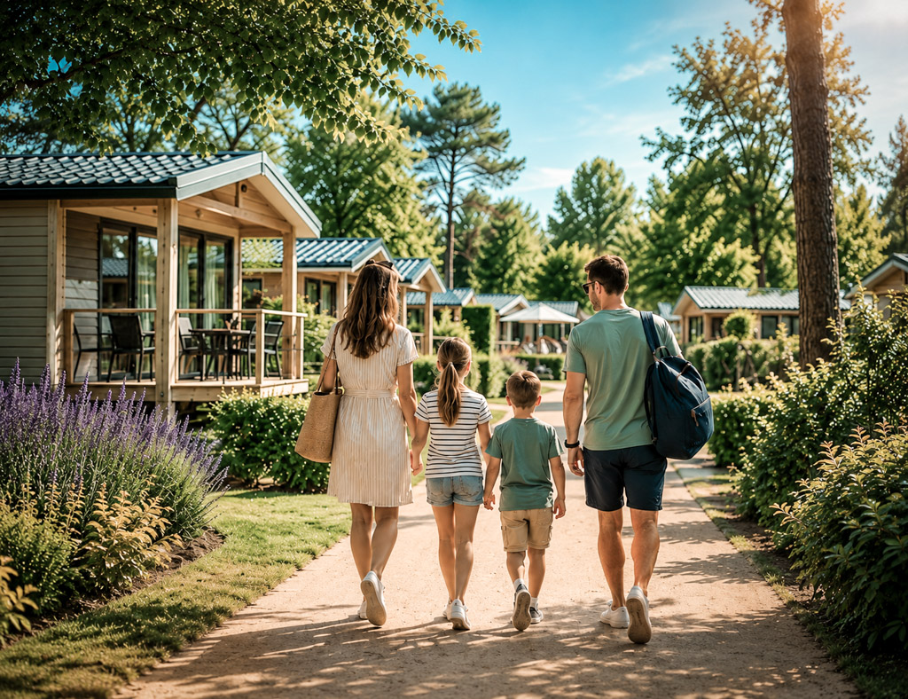 Gezin loopt over een vakantiepark op zoek naar staffless entertainment en recreatieve activiteiten.