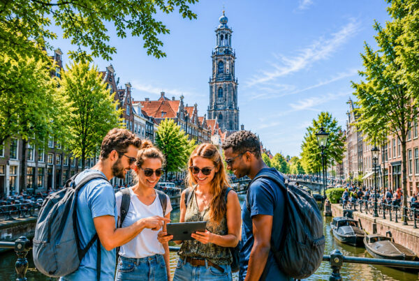 Groep bezoekers ontdekt een stad tijdens een interactieve recreatieve beleving.