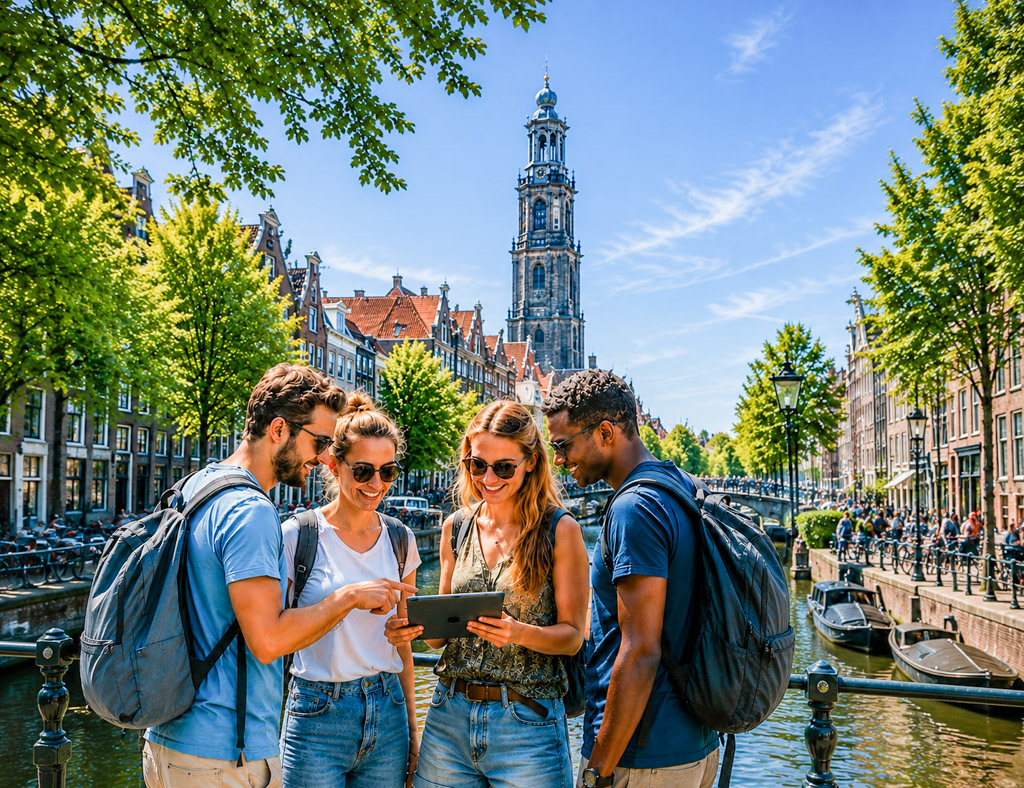 Groep bezoekers ontdekt een stad tijdens een interactieve recreatieve beleving.