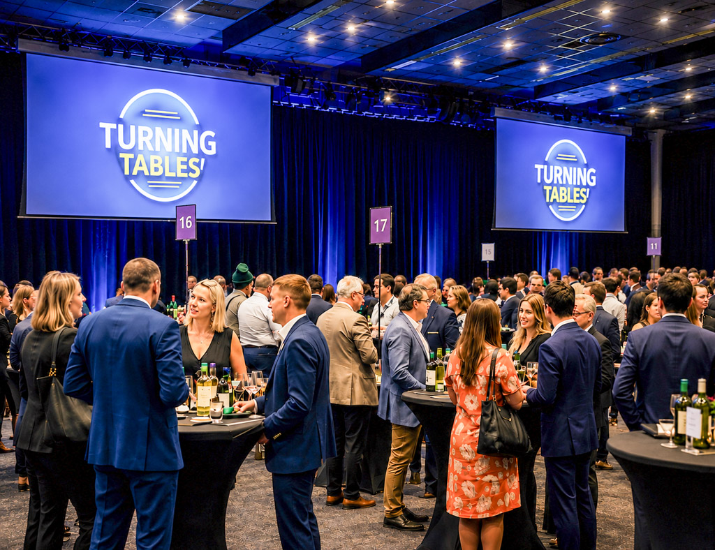 Bezoekers van een zakelijk evenement beleven een interactieve activiteit op een eventlocatie.