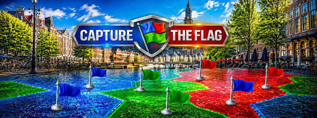 Capture the Flag stadsspel waarbij teams gebieden veroveren en strategische vlaggen verdedigen in de binnenstad.
