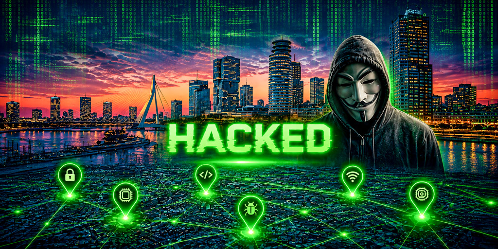 HACKED cybercrime stadsspel waarbij teams vragen beantwoorden, bitcoins verzamelen en hackers proberen te stoppen.