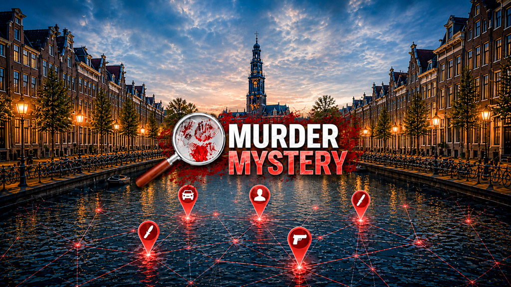 Murder Mystery stadsspel met een digitale stadskaart, aanwijzingen en locaties van verdachten, voertuigen en mogelijke moordwapens.