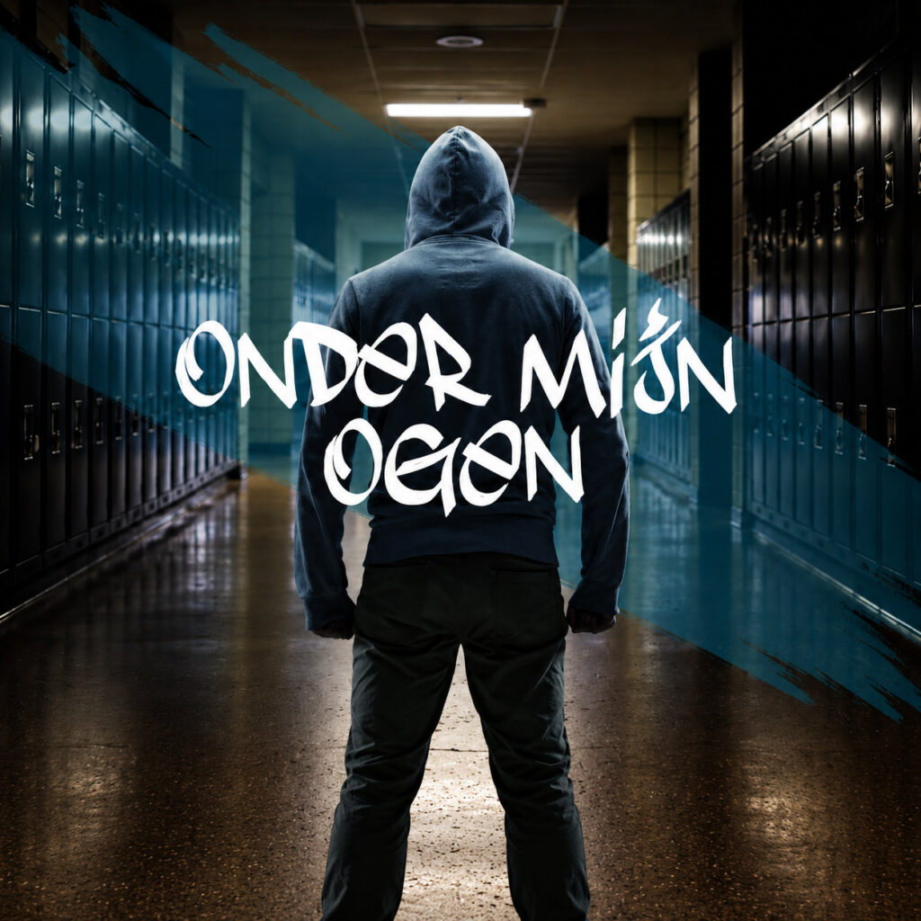 Jongen in hoodie van achteren in een schoolgang met lockers en het logo Onder mijn ogen