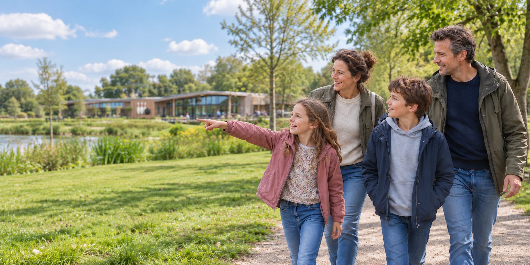 Gezin met twee kinderen wandelt lachend over een pad op een recreatiepark, het meisje wijst naar het paviljoen aan het water