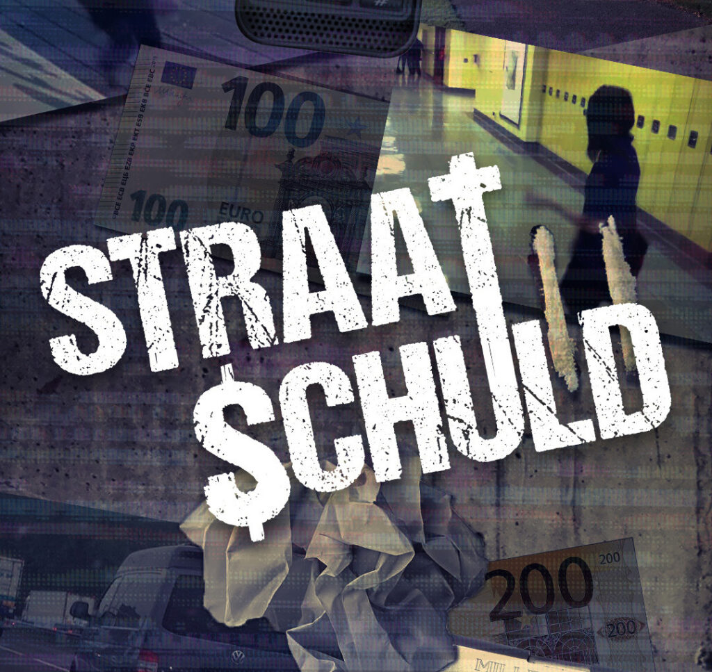 Logo van de serious game Straatschuld op een collage met geld, telefoon en straatbeelden