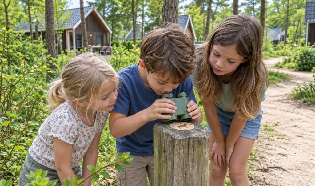 Drie kinderen ontdekken in de zomer met een verrekijker een opdrachtpaal tijdens een Taggo interactieve route op een vakantiepark